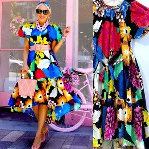 Christopher John Rogers Woman Floral High Low Dress Small Puff Sleeve Bright New